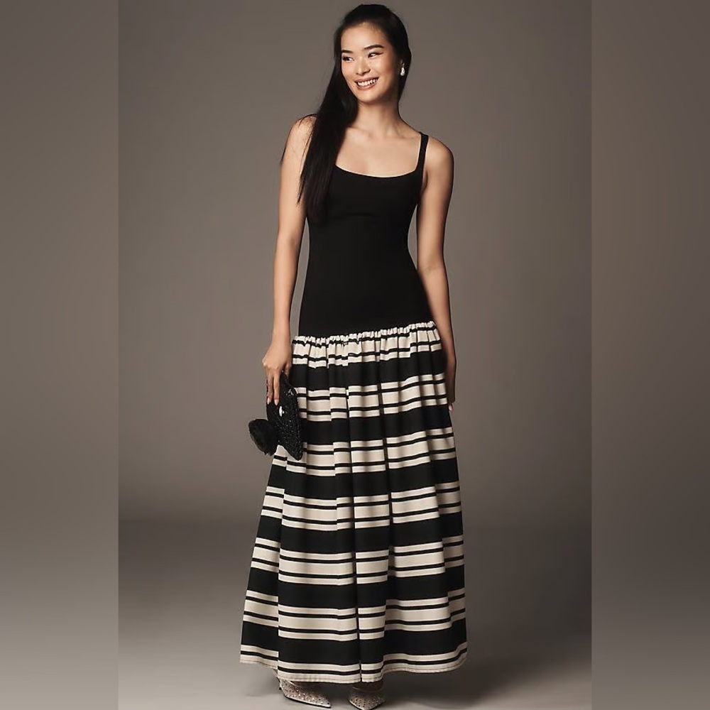 NWT Anthropologie Delphi Collective Chic Black and White Striped Maxi Dress